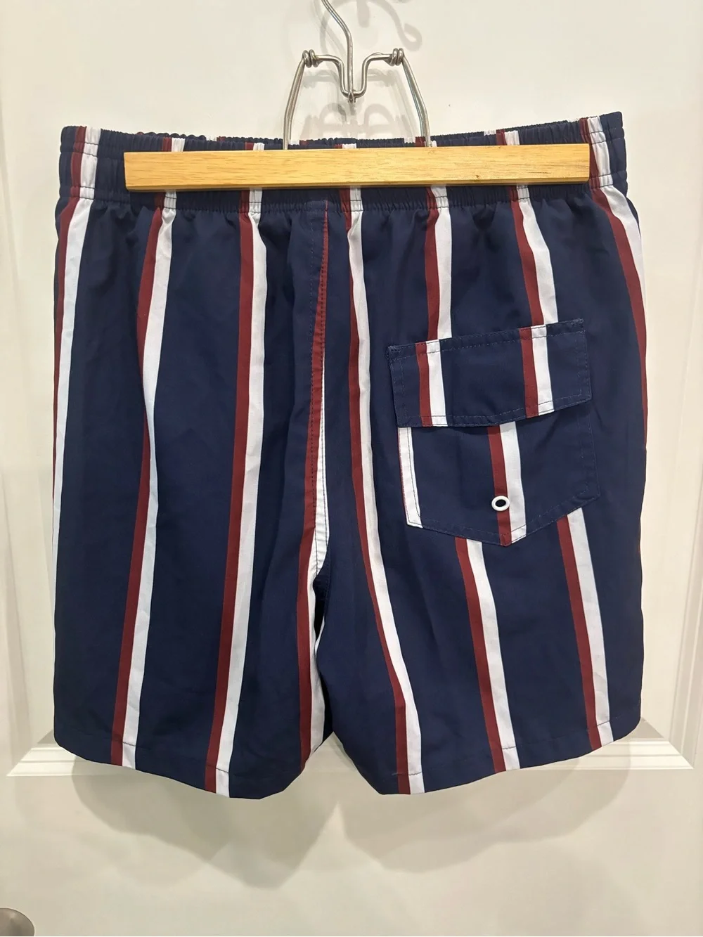 Navy Vertical Stripe Men's Swim Trunks with Red & White Accents